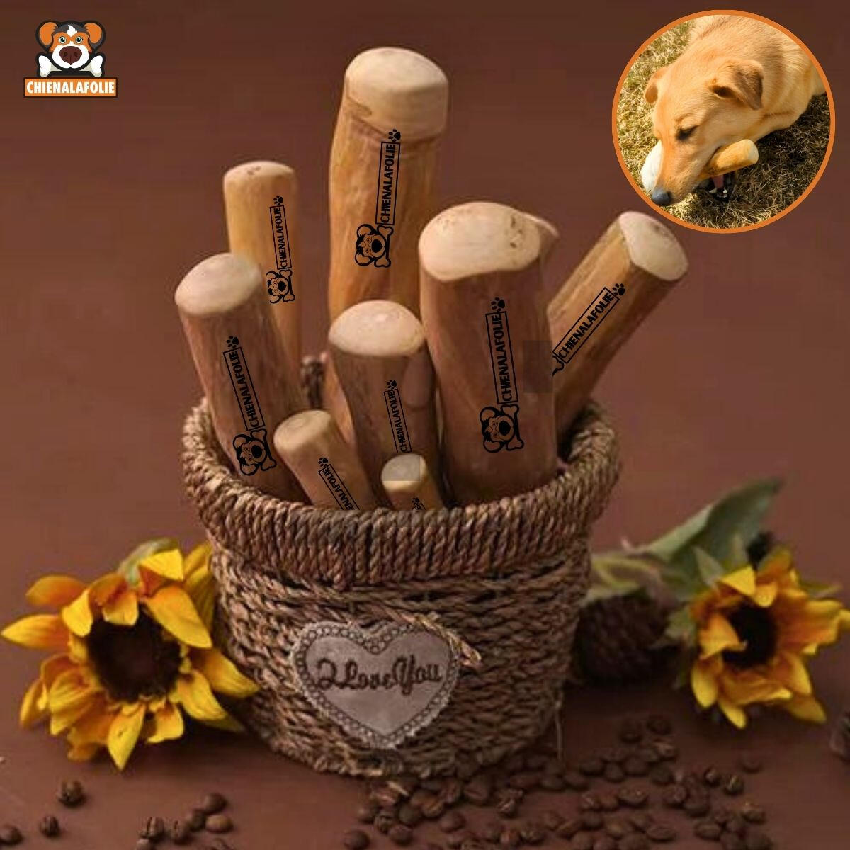 Rustic_presentation_of_durable_coffee_wood_dog_chews_Chienalafolie_with_sunflowers Rustic_presentation_of_durable_coffee_wood_dog_chews_Chienalafolie_with_sunflowers
